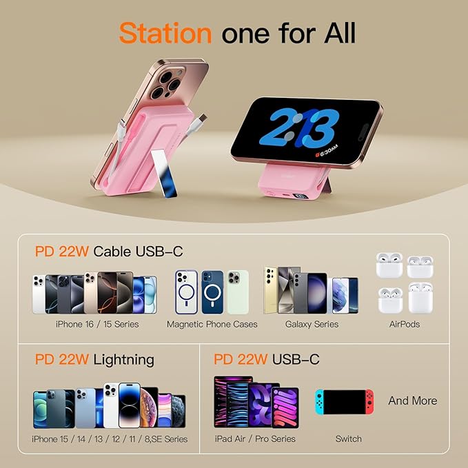 2025 Magnetic Battery Pack 16800mAh Mobile Power Bank, Portable Charger with Foldable Stand and Built-in Cable, 20W USB-C Fast Charging, Suitable for iPhone 17/16/15/14/13/12 Series