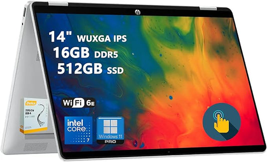 HP OmniBook 5 Flip 2-in-1 Laptop | 14" WUXGA IPS Touchscreen | 10-Core Intel Core 7 150U | 16GB DDR5 512GB SSD | Backlit Keyboard Wi-Fi6E 5MP IR Privacy Camera Win 11 Pro w/DLCA Accessory