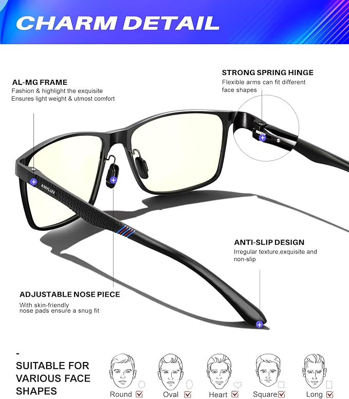 ANYLUV Blue Light Glasses Men, Relieve Eyestrain and Eye Protection, Al-Mg Metal Computer Blue Light Blocking Glasses