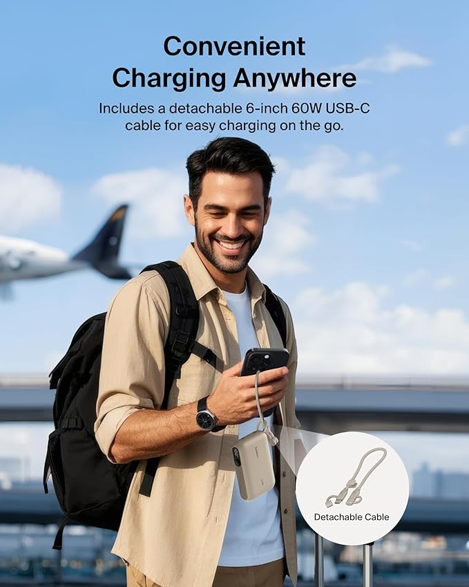 Belkin Portable Charger, Slim USB-C Power Bank 10,000mAh w/ 2 USB-C Ports, Digital Battery Display, 20W Charging Battery Pack - iPhone 17, Air, Pro, Samsung Galaxy S25, Pixel 10, iPad, & More - Sand