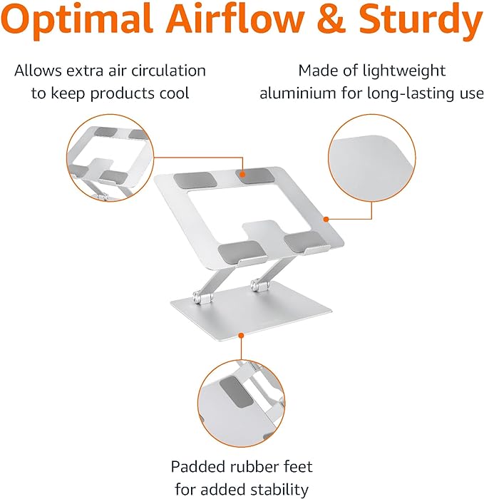 Amazon Basics Sturdy and Portable Ergonomic Laptop Stand for Desk, Adjustable Riser, Fits all Laptops and Notebooks up to 17.3 Inch, Silver, 10 x 8.7 x 6 in