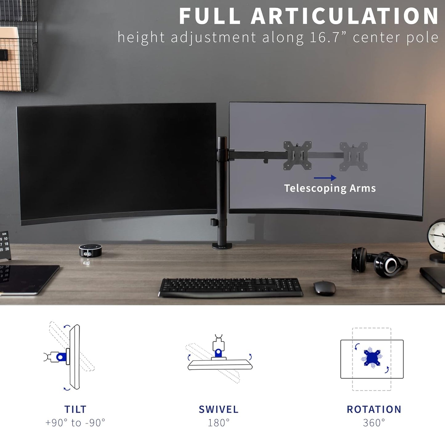 VIVO Premium Dual Ultra Wide LCD LED 27 to 38 inch Monitor Desk Mount, Heavy Duty, Adjustable Telescoping Arms, Flush Wall Setup, Fits 2 Screens, Black, STAND-TS38C