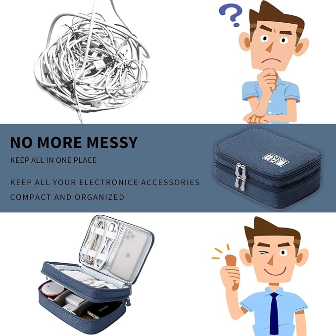 Lanola Travel Cable Organizer Bag, Electronic Accessories Case Portable Double Layer Cable Storage Bag for Cord,phone,Charger, Flash Drive, Phone, SD Card,Personal Items - (Dark Blue)