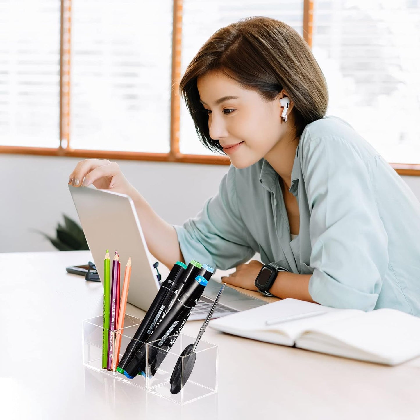 Epakh 2 Pieces Acrylic Cube Organizer 3 Compartments Clear Acrylic Pencil Holder Makeup Brush Drawer Organizer for Desk, Office, Vanity