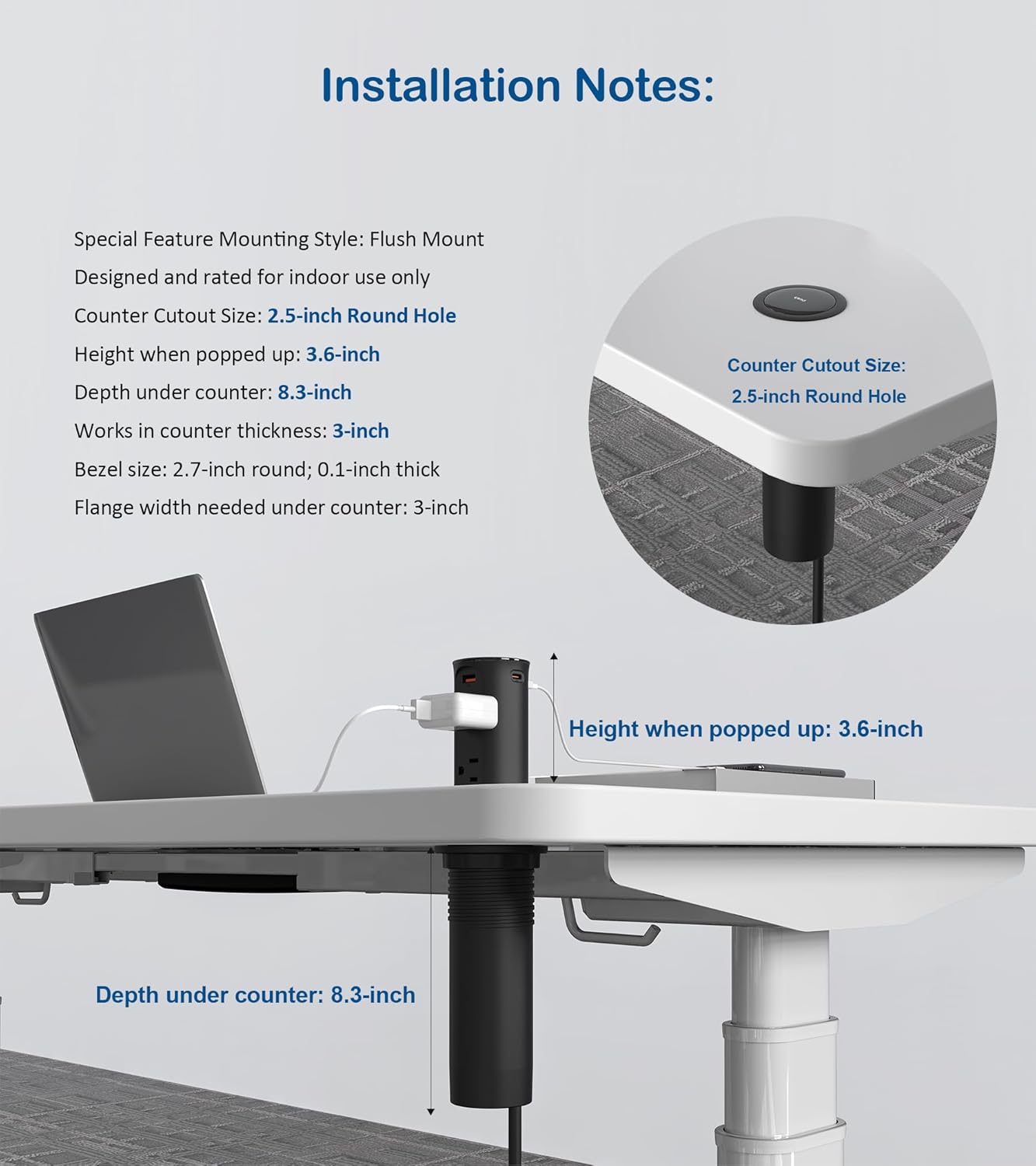 Jgstkcity Pop Up Power Outlet for Countertops & Desks,2.5-Inch Hole Flush, Mount, 20W USB-C, 4 USB Ports, 4 Tamper-Resistant 15A Outlets - Space-Saving Recessed Design,1875W,ETL Listed