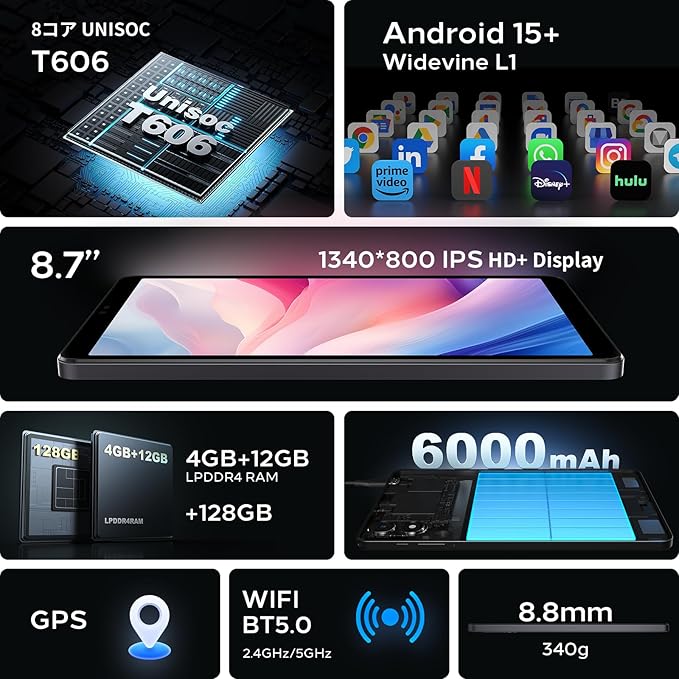 Android 15 Tablet 8.7 inch, Octa Core, 16GB RAM, 128GB ROM, 1TB Expandable, 8.7" HD IPS 1340x800, 5MP+8MP Camera, 5G WiFi+BT5.0+GPS, Type-C, with Headphone Jack, Leather Case Included
