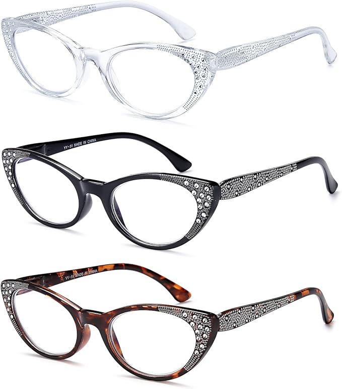 EYEURL Cateye Reading Glasses for Women Blue Light Blocking 3 Pack Computer Readers Spring Hinge Lightweight Frames 3.0