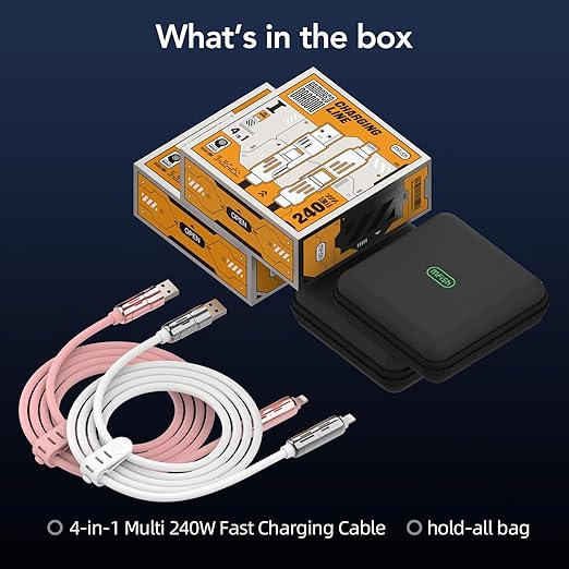 MFish 240W 4-in-1 Universal USB Charging Cable [2 Pack, 6.6ft] – Fast Charger Cord with USB-A, Dual USB-C & Lighting, for iPhone 14/15/16/17 Series, iPad & MacBook & More (2PACK, Pink+White, 6.6Ft)