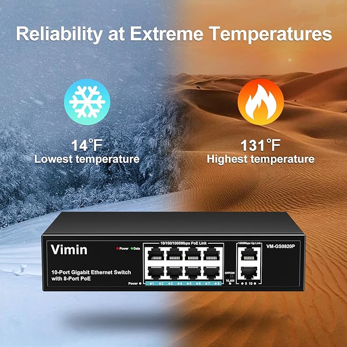 8 Port Gigabit PoE Switch with 2 Uplink Gigabit Ports, VIMIN 10 Port Unmanaged Ethernet PoE Switch with 120W Power, Support IEEE802.3af/at, VLAN, Metal Housing, Desktop or Wall-Mount, Plug & Play