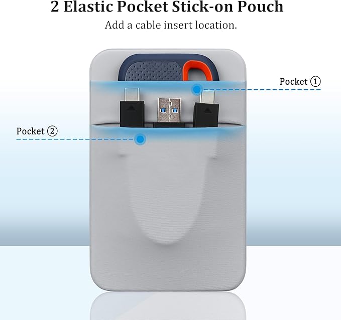 Lacdo Portable Hard Drive Sleeve for Laptop, 2-Pocket Stick on Pouch with Reusable Adhesive, for San Disk, Samsung, Crucial External Solid State Drive SSD Hard Drive Carrying Case Organizer, Gray