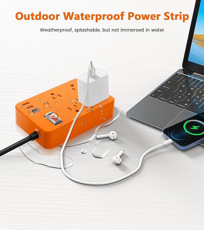 Outdoor Power Strip Weatherproof,Fast Charging Station 20W USB C,Waterproof Surge Protector 4 Outlets, Multi Outlet Extension for Camping, Garden, Kitchen,Bathroom,Flat Plug (Orange, 25 FT Cable)