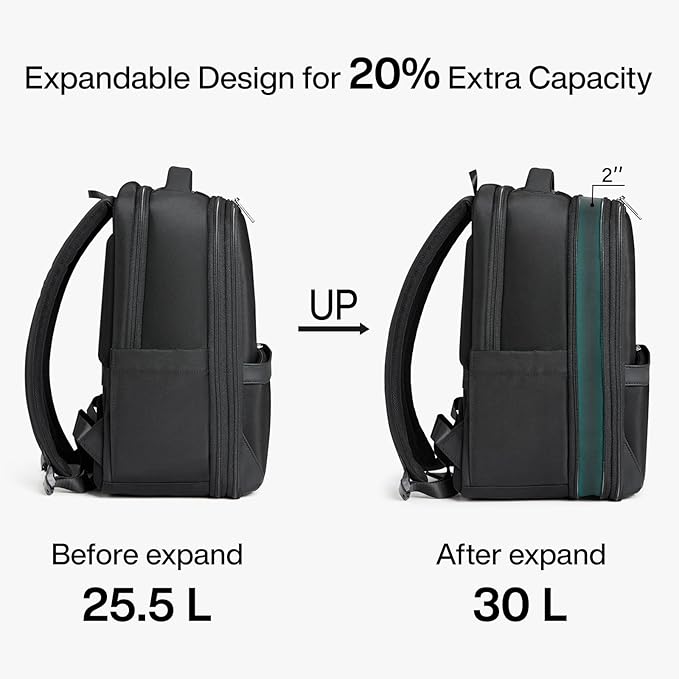 Hanke Expandable Travel Backpack 17 Inch, Full-Open Laptop Backpack Fits 15.6 Inch, Carry On Personal Item Bag with Luggage Strap, Business Work Backpack for Women Men, Black