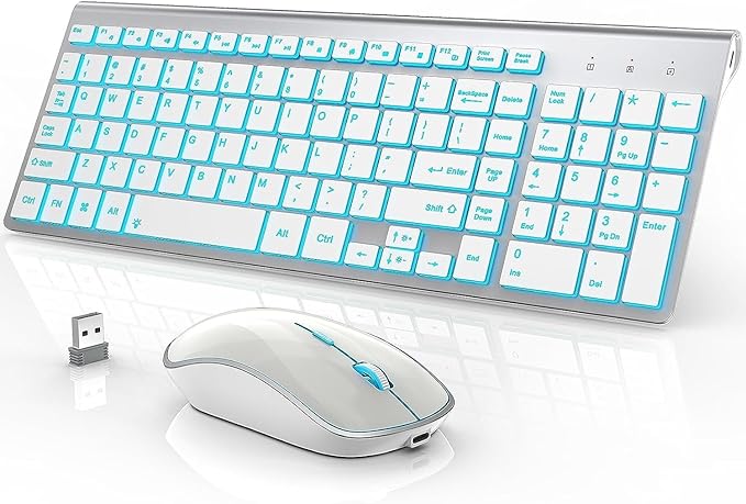 J JOYACCESS Wireless Keyboard and Mouse Combo with 7 Backlit Options,Quiet Light Up Keys,Type-C Rechargeable,Sleep Mode-2.4G Slient Portable Cordless Combo for Laptop/PC/Computer/Mac(White+Sliver)