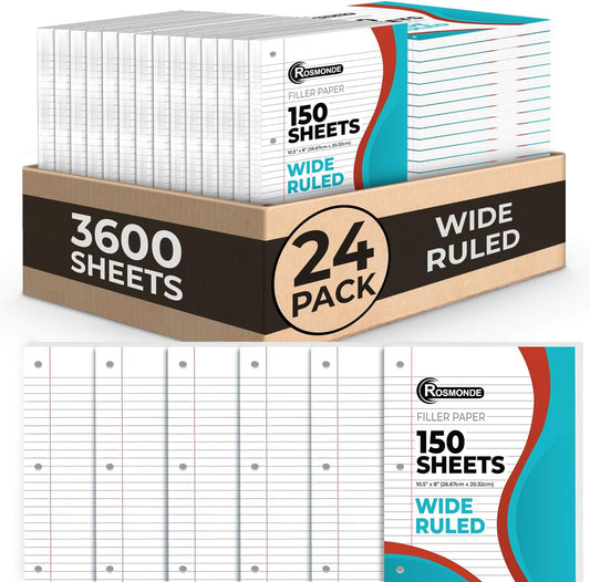Bulk 3600 Sheets Loose Leaf Binder Filler Paper, Wide Ruled, Bulk Notebook Paper, 8 x 10.5", Loose Leaf Sheets, 3 Hole Punched, 24 Pack, 150 Sheets/Pack, Filler Papers, White