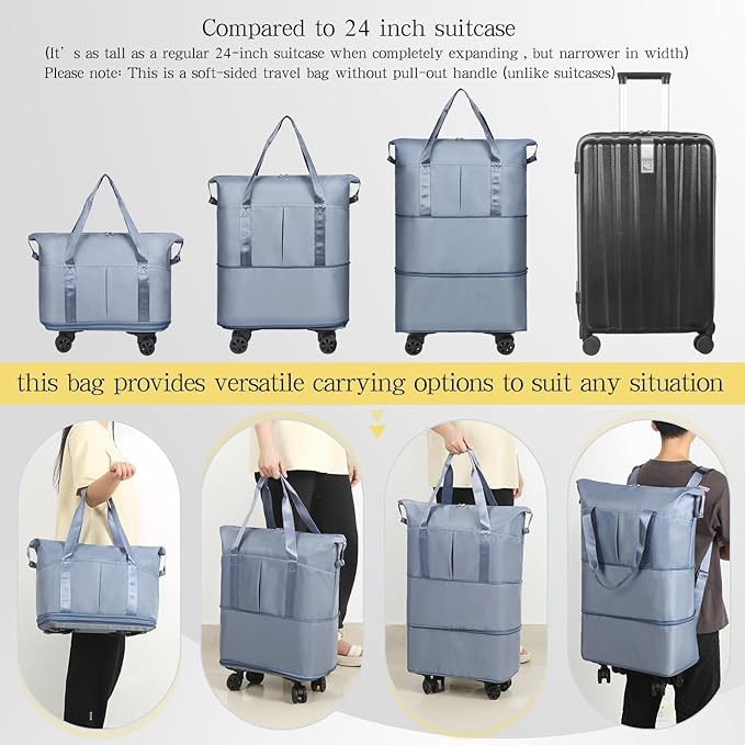 VOOWO Duffel Bag with Wheels - Rolling Foldable Expandable Duffle Bag with Wheels for Travel, Rolling Luggage Bag Carry On Travel Bag with Wheels, Large Wheeled Overnight Weekender Bag (Blue)