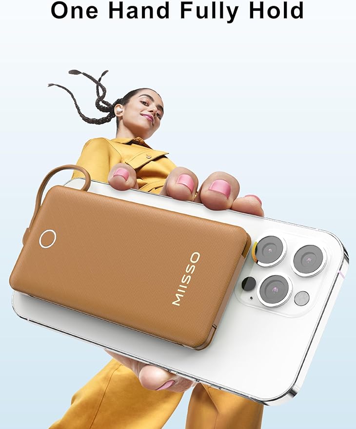 10000mAh Slim Portable Charger with Built in Cable, Power Bank Travel Charger External Battery Pack for Phone, 4 Output USB Type C Cord Clutch Charger Compatible with iPhone, Brown