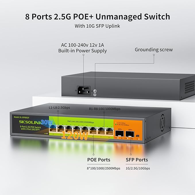 2.5Gb PoE+ Switch 10-Port Unmanaged with 8*2.5G Base-T PoE+ Ports, 2*10G SFP+ , IEEE802.3af/at , 80Gbps Switching Capacity, Metal, 2.5Gbe PoE Switch for NAS, PC, AP.