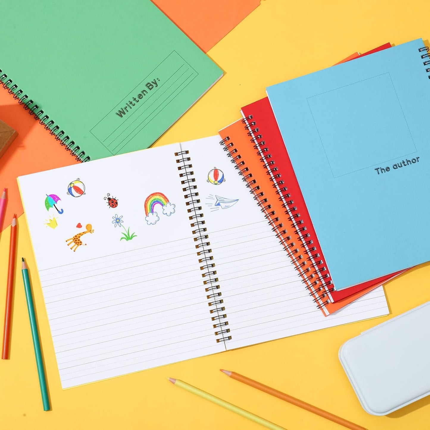 Henoyso 5 Pcs 100/50 Sheets Primary Composition Notebook K-2 Bulk Spiral Primary Journal Drawing Handwriting Practice for Kids Kindergarten 1st 2nd Back to School Supplies (Bright Color,50 Sheets)