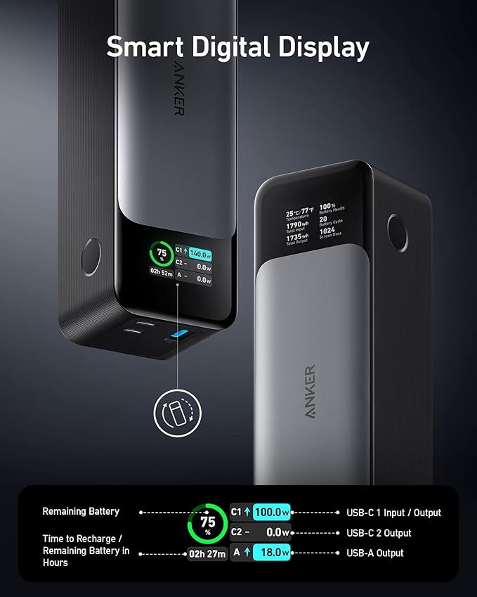 Anker 737 Power Bank, 24,000mAh 3-Port Laptop Portable Charger with 140W Fast Charging, Smart Display, for Outdoor Work, Compatible with iPhone 16/15/14 Series, Vision Pro, Samsung, MacBook, and More