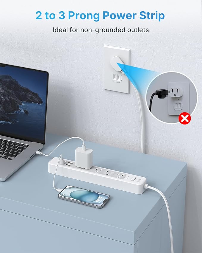 VINTAR 2 Prong Power Strip, 2 Prong to 3 Prong Outlet Adapter, 6ft Extension Cord with 4 Outlets & 4 USB(2 USB-C), 1440J Flat Plug Two Prong Surge Protector, Wall Mountable Ideal for Old House