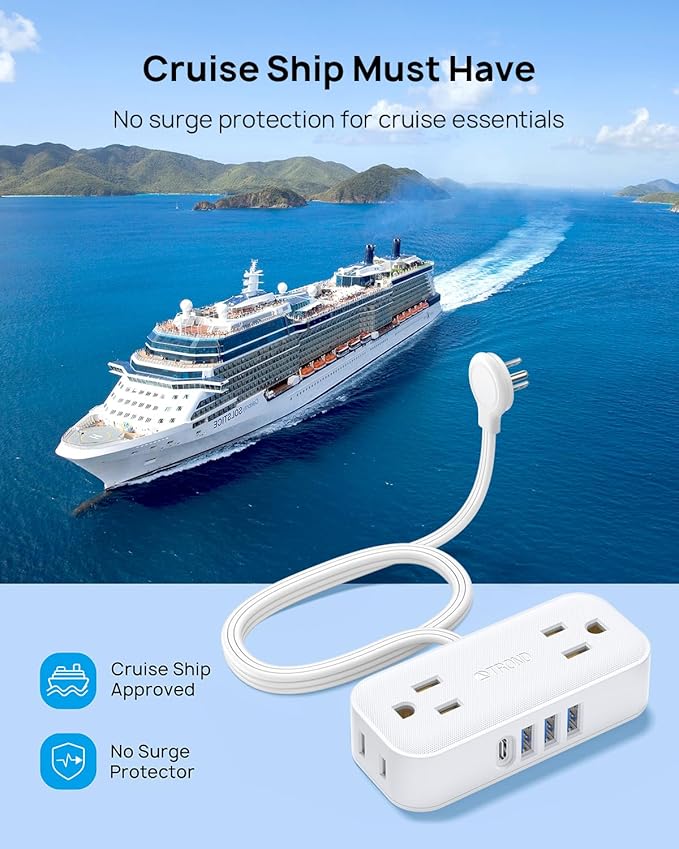 TROND Travel Power Strip with USB Ports, 5ft Flat Plug Extension Cord with Multiple Outlets, Small Wall Mount Extender Adapter for Office Dorm Room Essentials, White