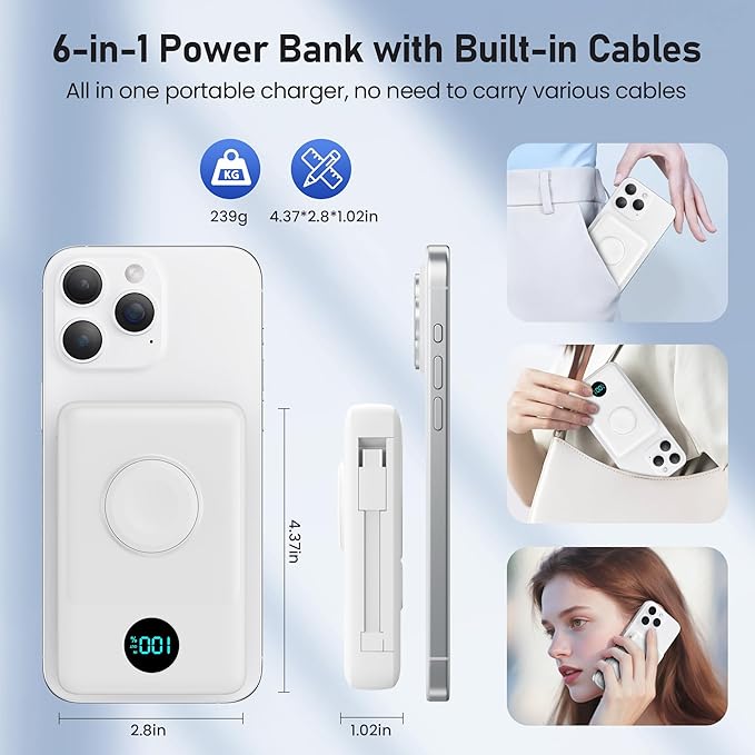 Magnetic Portable Charger for iPhone with Built-in Cables, 6-in-1 10800mAh Power Bank with iWatch Charger & LCD Display,25W Fast Charging Battery Pack for iPhone 16/15/14/13/12,Apple Watch (White)
