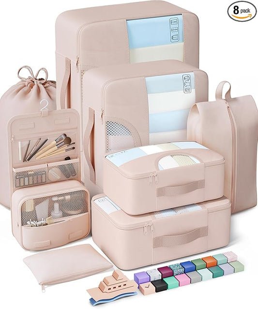 Veken 8 Set Packing Cubes for Travel, Birthday Gifts for Women Mom Her, Cruise Ship Essentials Accessories for Beach Vacation, Suitcase Organizer Bags for Luggage with Hanging Toiletry & Shoe Bag