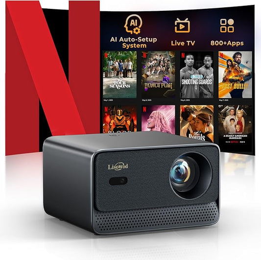 Projector with WiFi and Bluetooth: [1400 ANSI /Auto Focus/ 800+ Real Apps /Auto 4P Keystone /for Netflix] Outdoor-Projector, 1080P Smart-Portable-Mini-Movie-Projector, Lisowod L03Pro with Live TV