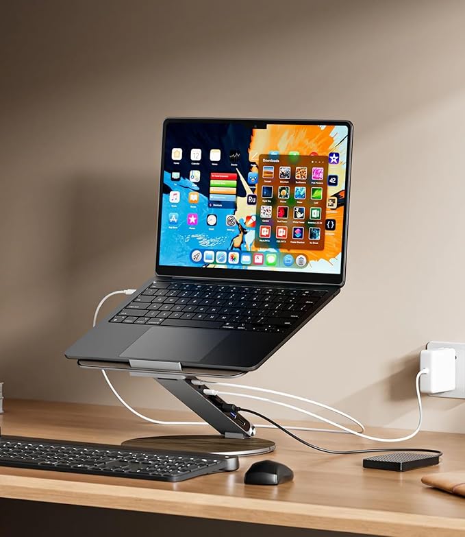 Adjustable Laptop Stand with 7-in-1 Hub, Foldable Portable Aluminum Laptop Riser with 360° Swivel Base for Desk, Ergonomic Computer Notebook Stand Holder for All Laptops 10-17"-Gray (Wooden)