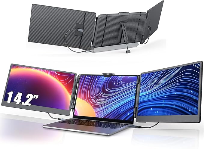 14'' Screen Extender Portable Laptop Plug-play, 1080P IPS Laptop Monitor Extender Built-in Speaker, HDMI/USB-A/Type-C Triple Monitor for 13''-17.3'' Laptops, Work with Mac, Windows, Chrome, Switch