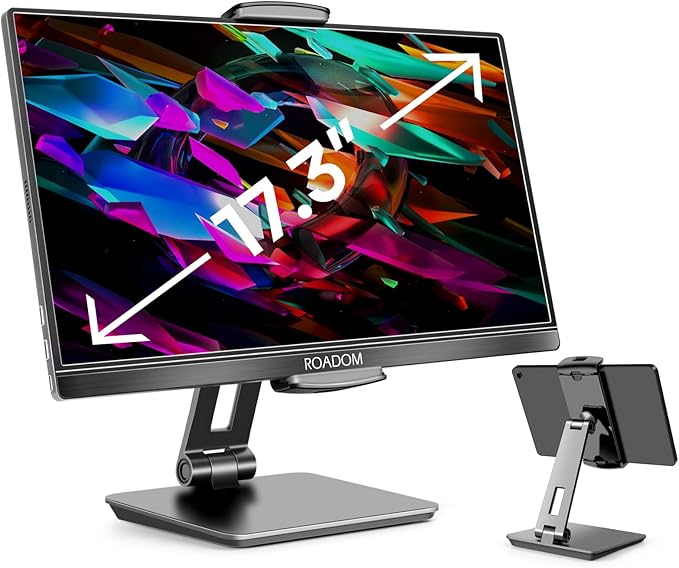 ROADOM Tablet Stand, Adjustable 360° Swivel Bracket, 180° Tiltable Clamp,Foldable Tablet Holder for 4.7-17.3'' iPhone/iPad/Tablet/Portable Monitor, Aluminum Alloy, Black