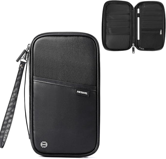 Travel Passport Holder, Large Family Passport Walle for Men Women RFID Passport Cover Lightweight Portable Document Organizer with Wrist Strap (Black)