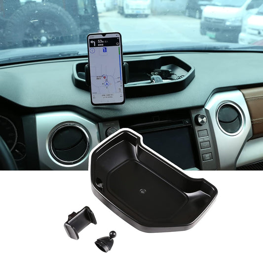 LLKUANG Black ABS Car Center Console Dash Table Storage Tray Fit for Toyota Tundra 2014-2021 Instrument Organizer 360° Rotating Phone Holder Cradle Accessories (with Mobile Phone Holder)