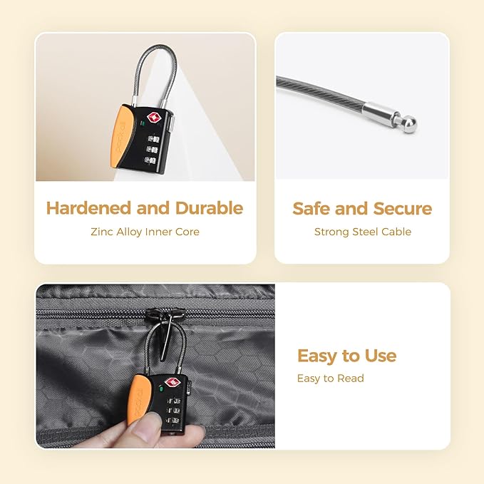 pack all TSA Approved Cable Luggage Locks, 3 Digit Combination Padlocks, Travel Lock for Suitcases & Bag, Alloy Body, Travel Accessories (4 Pack)（Orange）