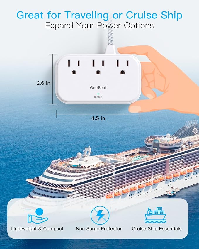 2 Pack Cruise Essentials, 5 Ft Flat Extension Cord, 3 Outlets 4 USB Ports(2 USB C) Flat Plug Power Strip, USB Charging Station with Non Surge Protector for Cruise Ship, Travel, Dorm Room Essentials