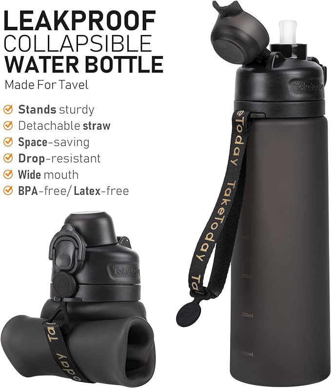 TakeToday Collapsible Water Bottles 20oz, Leak Proof, BPA-Free, Foldable Silicone Travel Water Bottle with Straw Strap for Cycling, Hiking, Outdoors