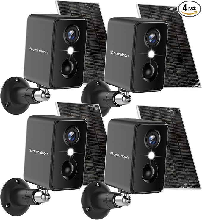 Septekon 2K Security Cameras Wireless Outdoor 4 Pack, Solar Battery Powered Camera with Two Spotlights, PIR Motion Detection Siren, Color Night Vision, 2-Way Audio, IP66 Waterpoof