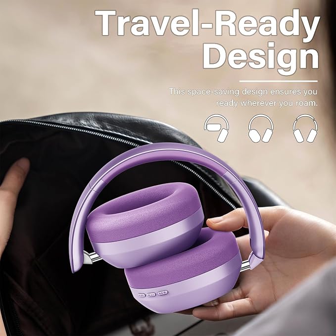 Y05 Bluetooth Headphones Wireless Over Ear with Microphone 48 Hours Playtime, High Sound Quality Foldable Soft Earpads Earphones for Travel - Purple