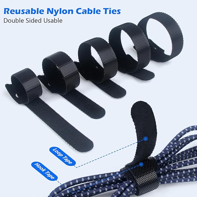 60PCS 6 Inch Reusable Cable Ties Black, Adjustable Cable Straps, Cable Tie Management, Cable Tidy for Desktop Charging Cables, Home and Office