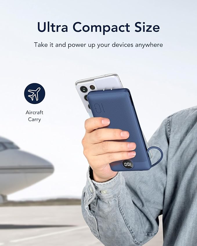 VEGER Portable Charger with Built-in AC Plug and Cables, All in One 10000mAh Ultra-Slim Power Bank, 15W Fast Charging for iPhone, Samsung, Android, Travel Essential (Navy)