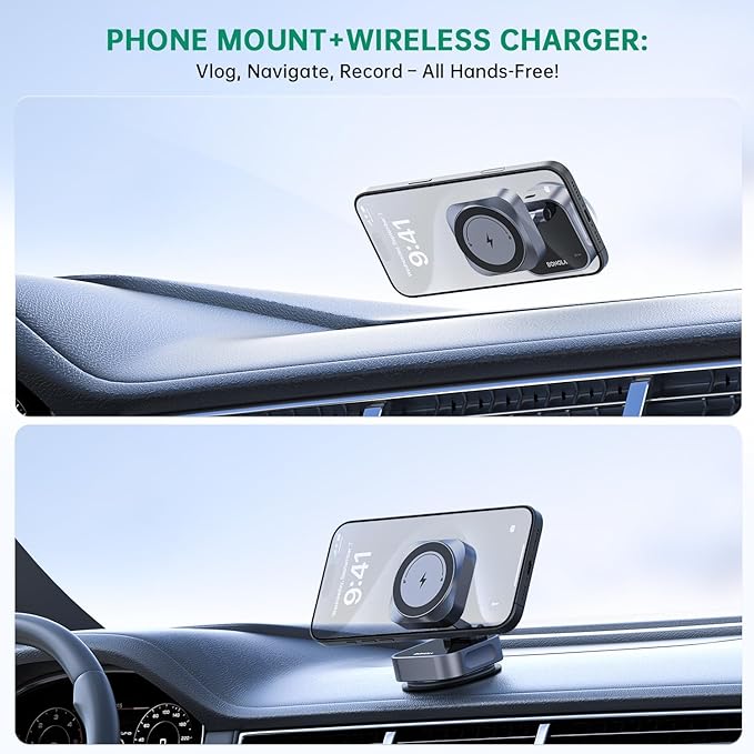 Vacuum Magnetic Suction Phone Holder, 15W Wireless Charger Foldable Suction Cup Stand for iPhone 17 16 15 14 13 12 Series, Portable Phone Mount Use in Car/Mirror/Glass/Screen/Smooth Surface