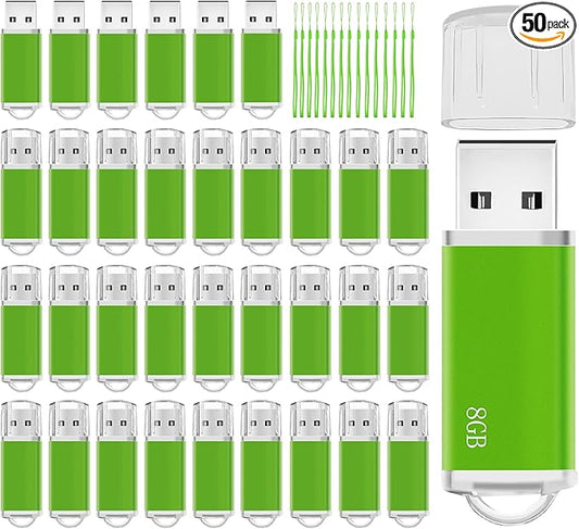 Memorias USB 8GB Flash Drive 50 Pack, USB 2.0 Thumb Drives Bulk Memory Sticks 8GB FAT32 USB Flash Drives Bulk Jump Drives Multipack Pack of 50 with Lanyard(Green 50 Packs 8 GB)