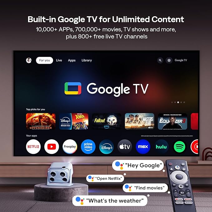 Aurzen BOOM mini Google TV 4K Supported Smart Projector with WiFi and Bluetooth, Outdoor & Home Movie Projector with 20W Speakers DoIby Audio, Real-Time Focus & Keystone, 500 ANSI Lumens, Blue