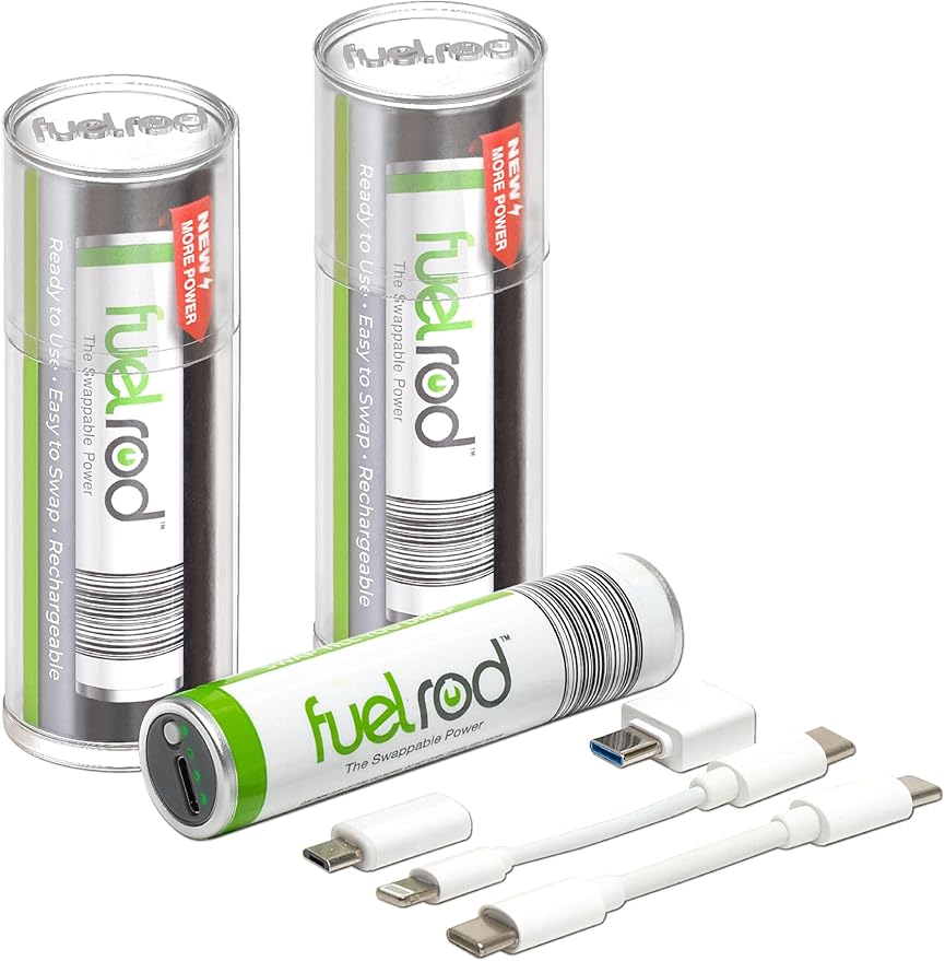 FuelRod USB-C Portable Charger Kit - Pack of 2 - Includes All Cables & Adapters Compatible with All Tablets & Smart Phones, Rechargeable Backup Power Bank, Swap for Charged Rod at Kiosk
