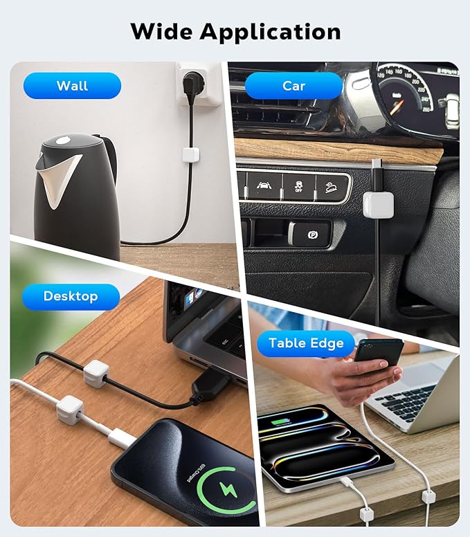 MoKo 8 Pack Magnetic Cable Clips, Desk Cord Organizer, Adhesive Cord Holder, Cable Management Wire Holder Keeper Organizer for Nightstand Desk Kitchen Office Car Wall Glass, White