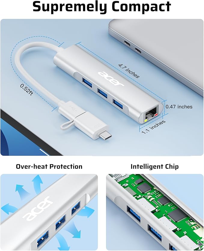 Acer USB C to Ethernet Adapter, 4-in-1 USB-A/C Hub with 3 USB-A 3.1 & 1Gbps RJ45 Networks, USB-C to LAN Adapter for MacBook Pro Air, Surface, Chromebook, Acer, Laptop, and More