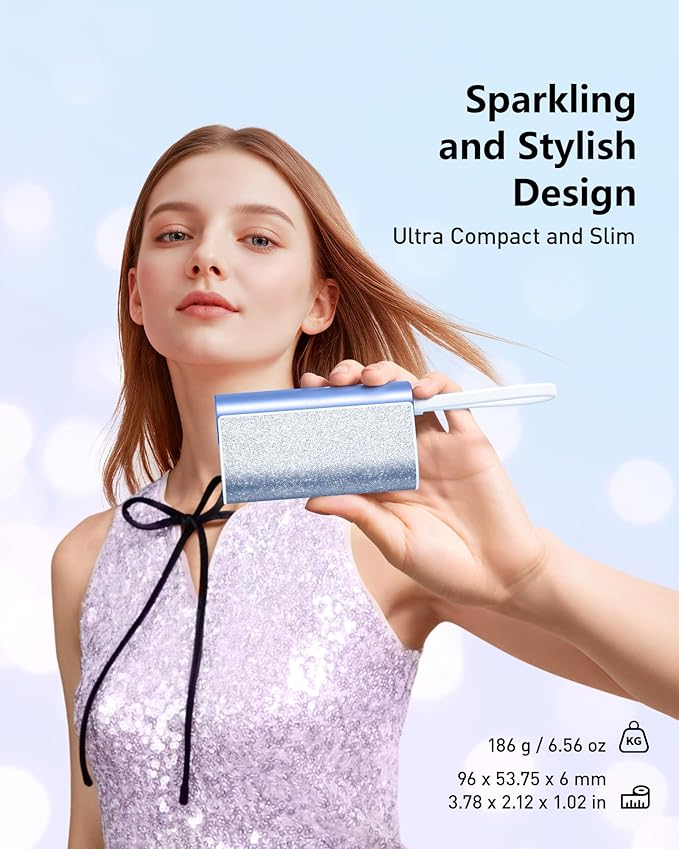 VEGER Compact Portable Charger with Built in Cable(Removable), 10000mAh Cute Power Bank 20W Fast Charging, Sparkling Battery Pack Fashion Travel Accessory Compatible with iPhone 15/14, Android-Blue