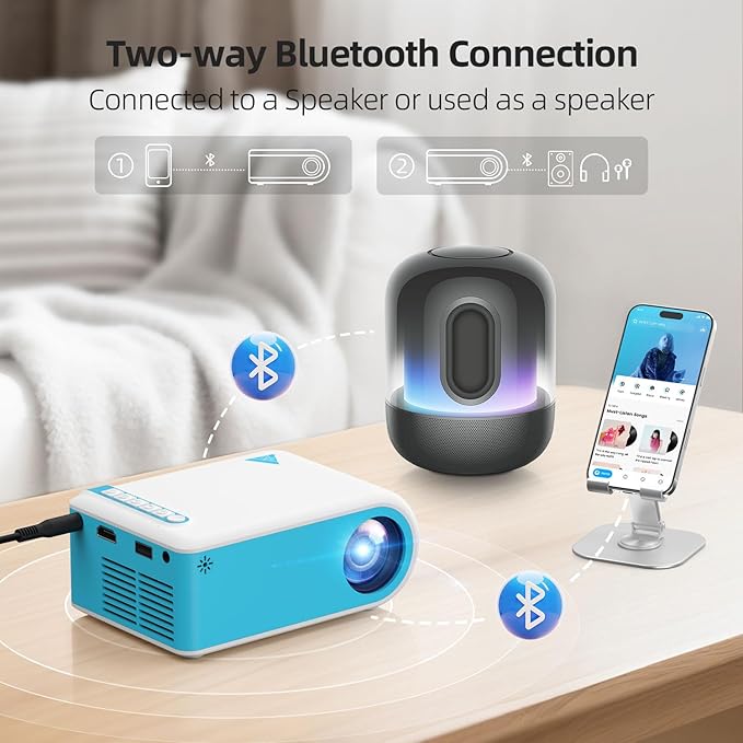 Nasin Mini Projector, 1080P Supported WiFi & Bluetooth Projector, Portable Outdoor Movie Projector, For Home Theater, Wireless Screen Mirroring with iOS/Android/Tablet/Laptop/TV Stick, HDMI/USB/Type C