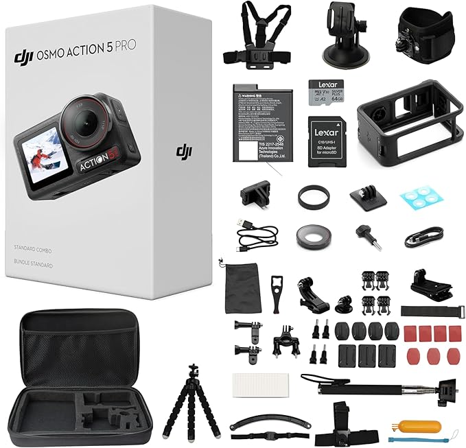 DJI Osmo Action 5 Pro Standard Combo,with 58 Piece Accessory Kit+ 64GB Card - Waterproof Action Camera with 1/1.3" Sensor, 4K/120fps Video, Action Camera 4K Ideal for Sports (Total 1 Battery)
