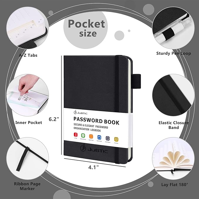 JUBTIC Password Book with Alphabetical Tabs Small Password Keeper with Inner Pocket Record Log in Internet Address Password Notebook Journal Hardcover Password Organizer for Home Office, Black